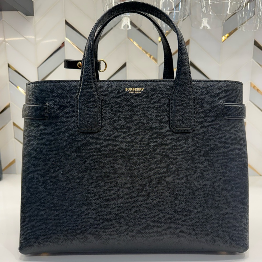 Burberry Medium Black LeatherTote w/ Canvas Sides & Shoulder Strap